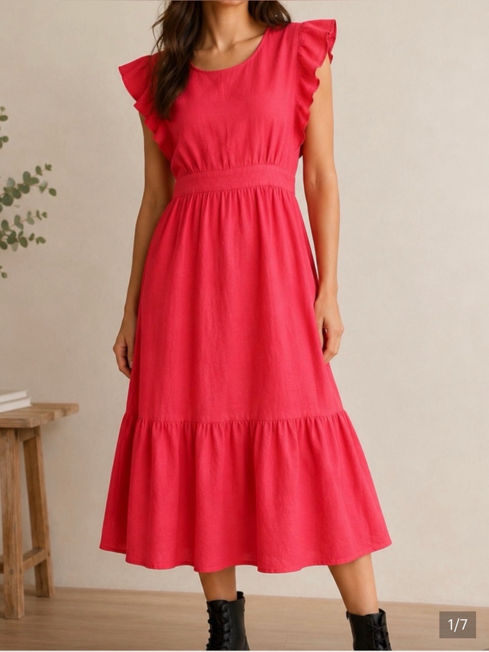 Cynthia Rowley Coral-Pink Linen Ruffle-Sleeve Midi Dress - Size L